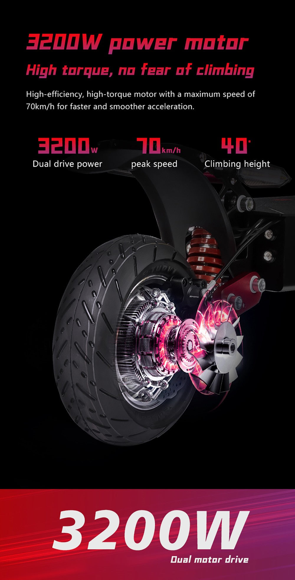 Elektrická koloběžka BOYUEDA Q7 Pro Max, motor 1600 W*2, baterie 52 V 28 Ah, pneumatiky 10 palců, maximální rychlost 70 km/h, dojezd 110 km, dvojité hydraulické kotoučové brzdy, přední hydraulický tlumič a zadní pružinový tlumič, LCD displej