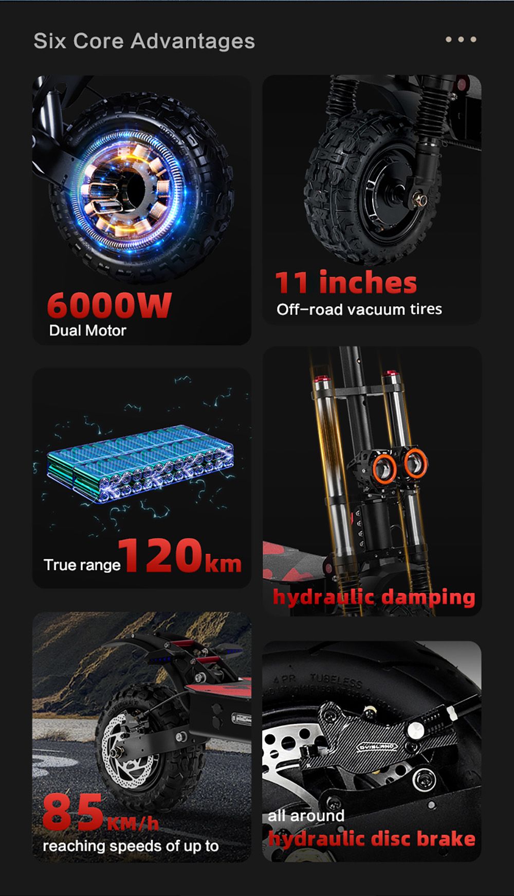 Elektrická koloběžka BOYUEDA S3-11, motor 2*3000 W, baterie 60 V 38 Ah, pneumatiky 11 palců, maximální rychlost 85 km/h, dojezd 120 km, dvojité hydraulické kotoučové brzdy, hydraulický tlumič, LCD displej