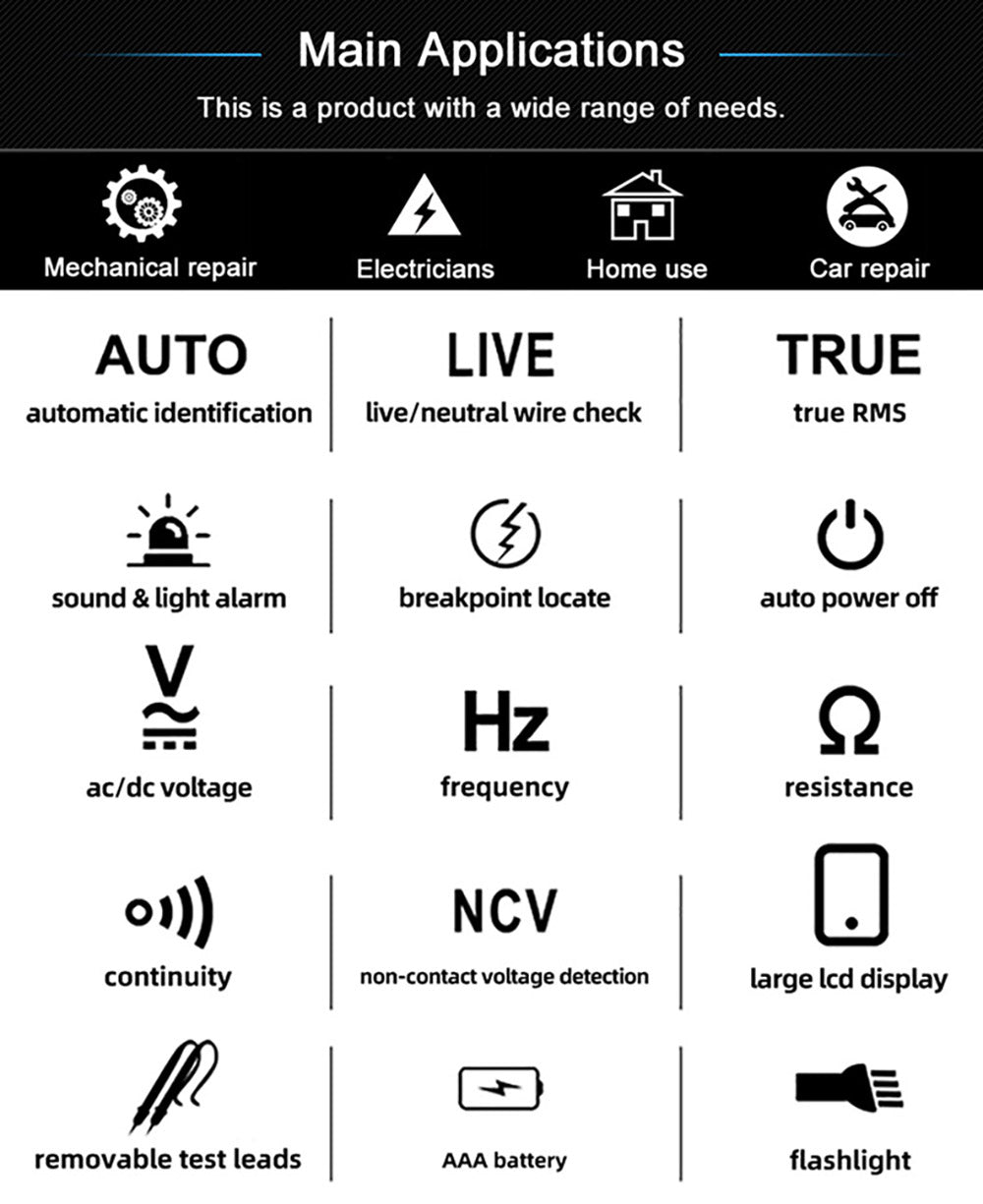 Digitální multimetr BSIDE A1, elektrikářská pero, bezkontaktní tester napětí, ohm/Hz metr, test fázového/nulového vodiče AC, červené a zelené podsvícení, s úložným pouzdrem - černý