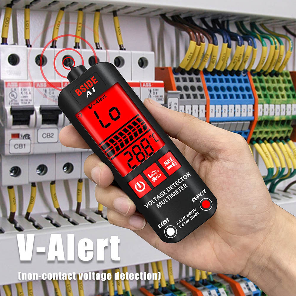 Digitální multimetr BSIDE A1, elektrikářská pero, bezkontaktní tester napětí, ohm/Hz metr, test fázového/nulového vodiče AC, červené a zelené podsvícení, s úložným pouzdrem - černý