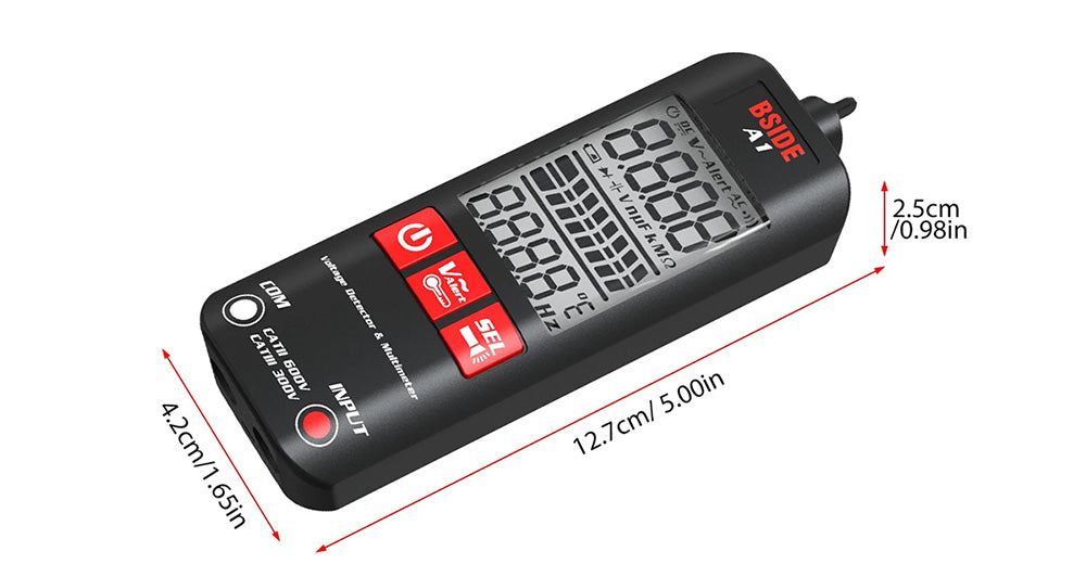 Digitální multimetr BSIDE A1, elektrikářská pero, bezkontaktní tester napětí, ohm/Hz metr, test fázového/nulového vodiče AC, červené a zelené podsvícení, s úložným pouzdrem - černý