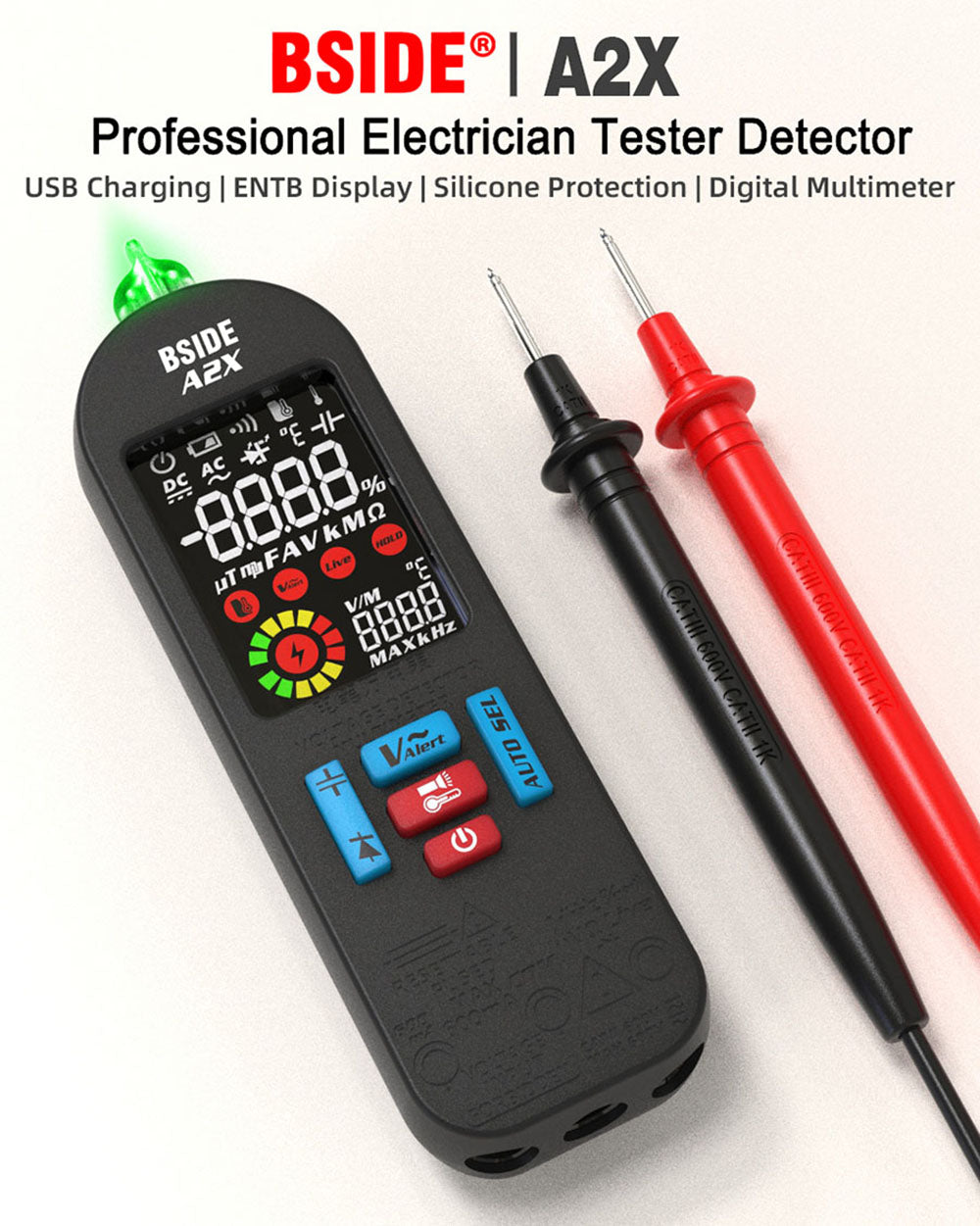 BSIDE A2X inteligentní digitální multimetr, nabíjení přes USB, barevný LCD displej, dobíjecí lithium-iontová baterie, jasná LED svítilna, inteligentní identifikace zesilovače