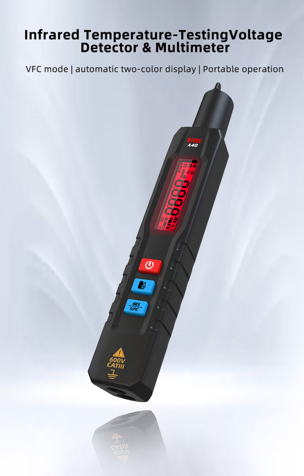 BSIDE A40 inteligentní digitální multimetr, infračervené měření teploty, bezkontaktní elektrické napěťové pero, duální teploměr AC/DC, alarm NCV VFC, kontrola fázového vodiče, černý - bez baterií