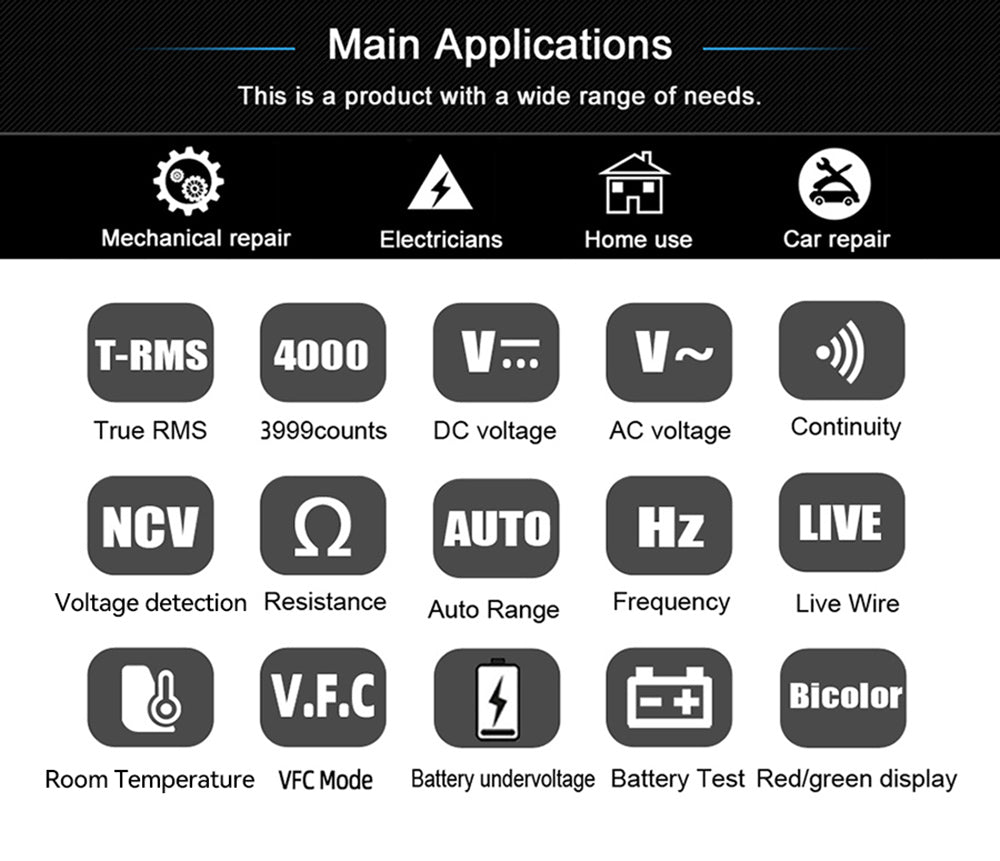 BSIDE A40 inteligentní digitální multimetr, infračervené měření teploty, bezkontaktní elektrické napěťové pero, duální teploměr AC/DC, alarm NCV VFC, kontrola fázového vodiče, černý - bez baterií