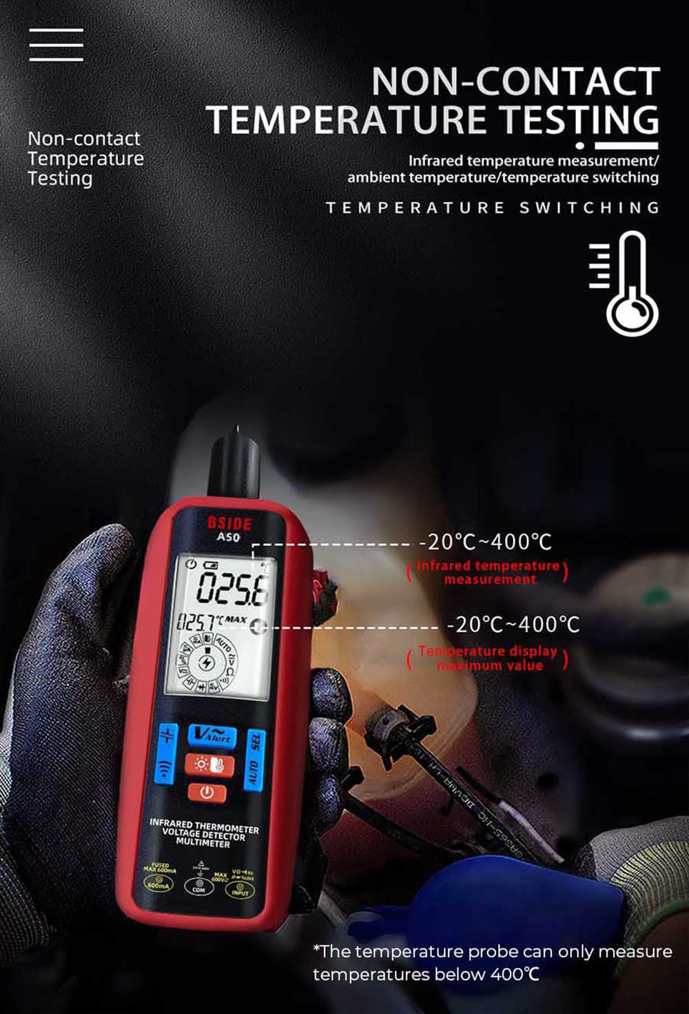 Digitální multimetr BSIDE A50, 6000 měřicích bodů, elektrická testovací sonda, tester úniku, tester napětí/proudu/kapacity/odporu