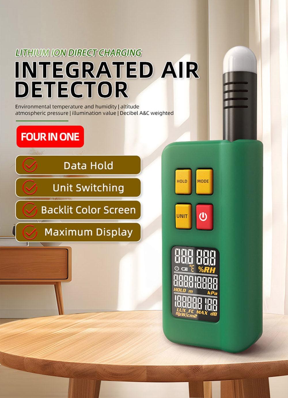 BSIDE GX1 4 v 1 komplexní tester, tester okolní teploty/vlhkosti/světla, hluku/nadmořské výšky, s funkcemi testování decibelů, klimatizace a chladiva - zelený