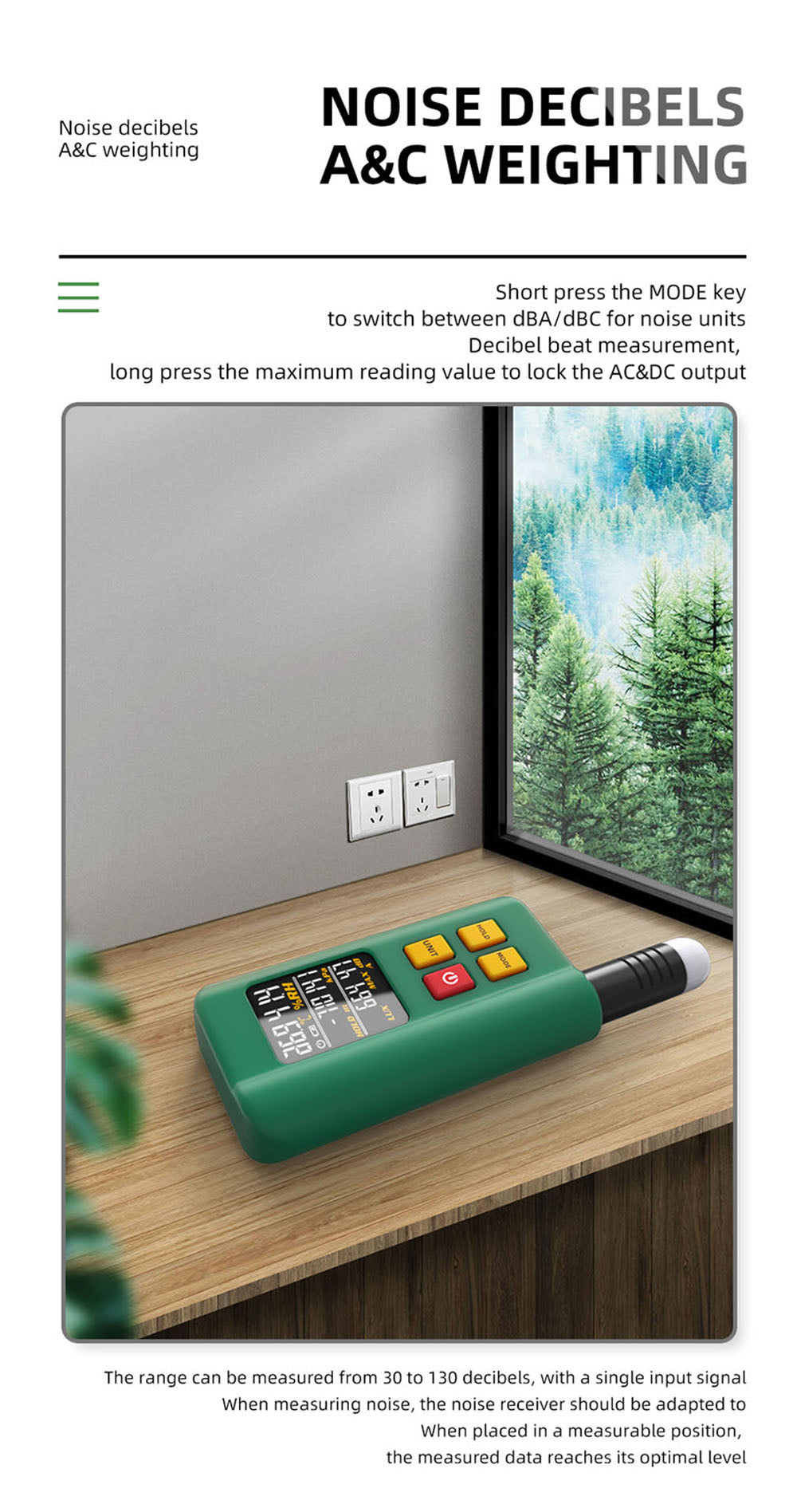 BSIDE GX1 4 v 1 komplexní tester, tester okolní teploty/vlhkosti/světla, hluku/nadmořské výšky, s funkcemi testování decibelů, klimatizace a chladiva - zelený