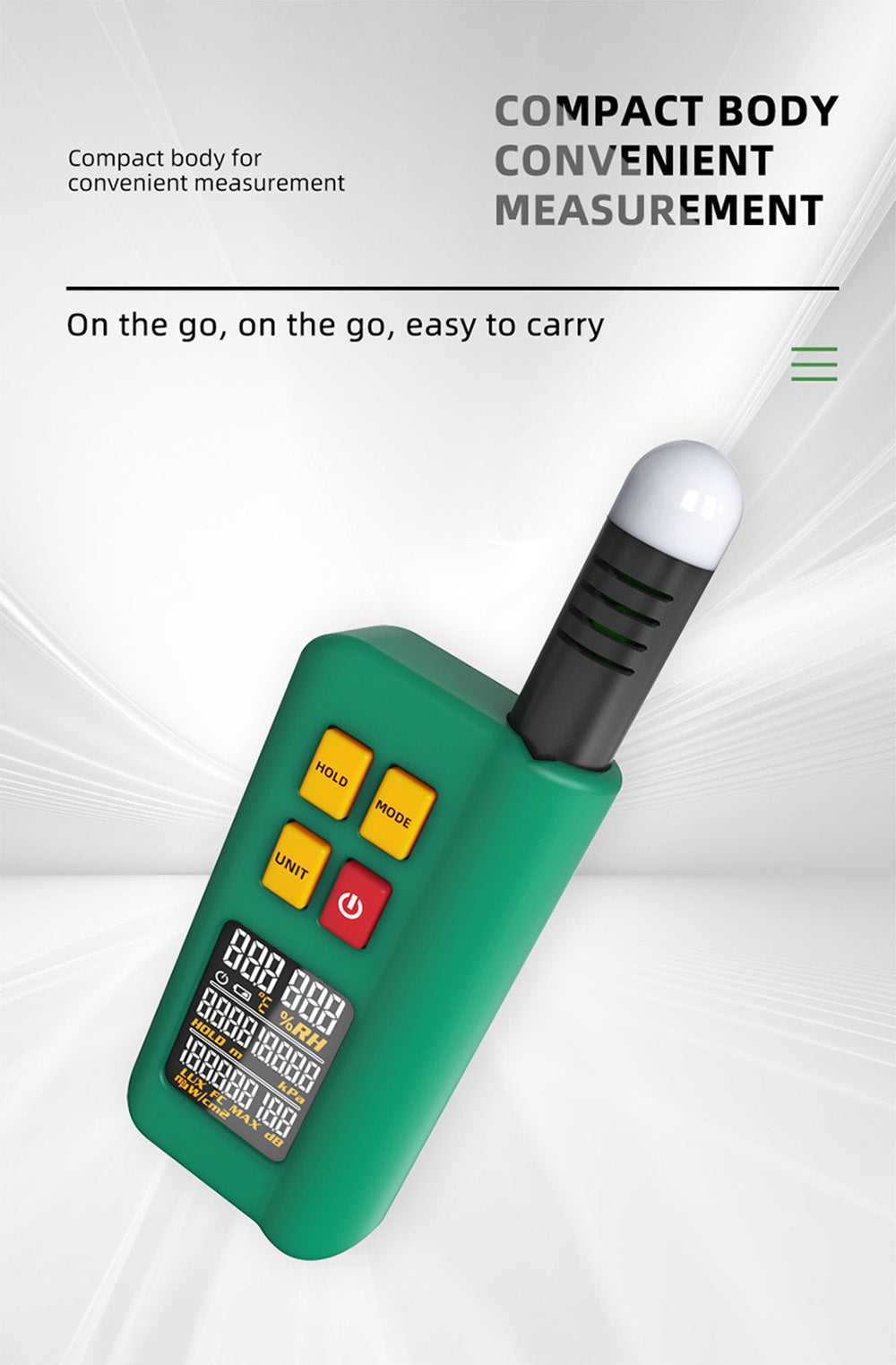 BSIDE GX1 4 v 1 komplexní tester, tester okolní teploty/vlhkosti/světla, hluku/nadmořské výšky, s funkcemi testování decibelů, klimatizace a chladiva - zelený