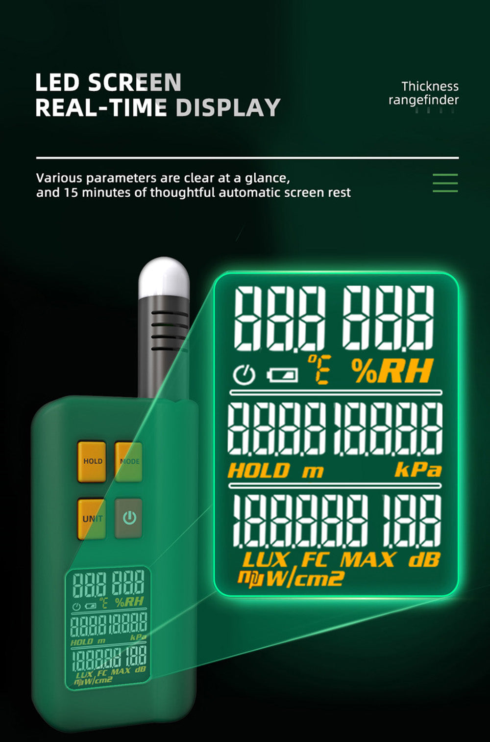 BSIDE GX1 4 v 1 komplexní tester, tester okolní teploty/vlhkosti/světla, hluku/nadmořské výšky, s funkcemi testování decibelů, klimatizace a chladiva - zelený