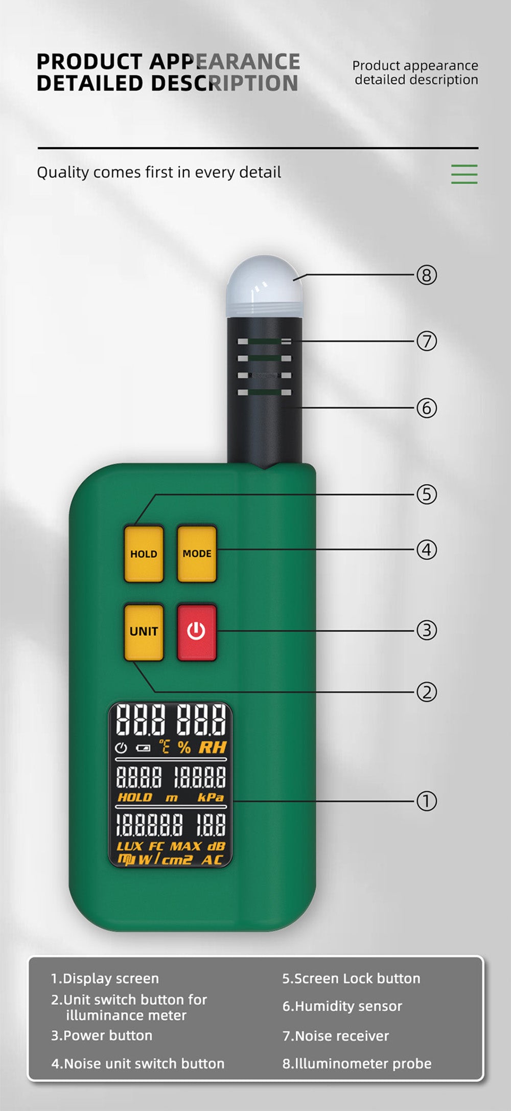BSIDE GX1 4 v 1 komplexní tester, tester okolní teploty/vlhkosti/světla, hluku/nadmořské výšky, s funkcemi testování decibelů, klimatizace a chladiva - zelený