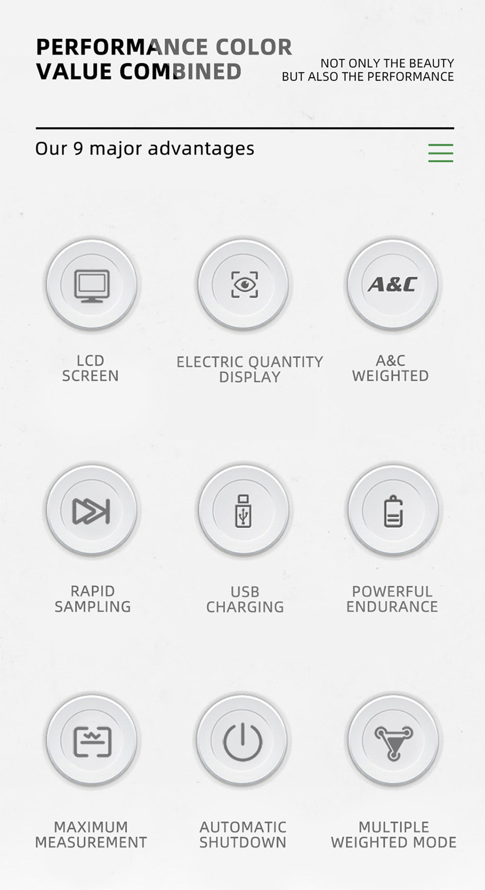 BSIDE GX1 4 v 1 komplexní tester, tester okolní teploty/vlhkosti/světla, hluku/nadmořské výšky, s funkcemi testování decibelů, klimatizace a chladiva - zelený