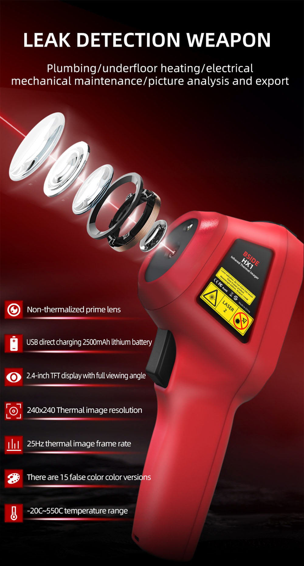 Termokamera BSIDE HX1, 240*240P, 2,4palcový LCD displej, krytí IP54