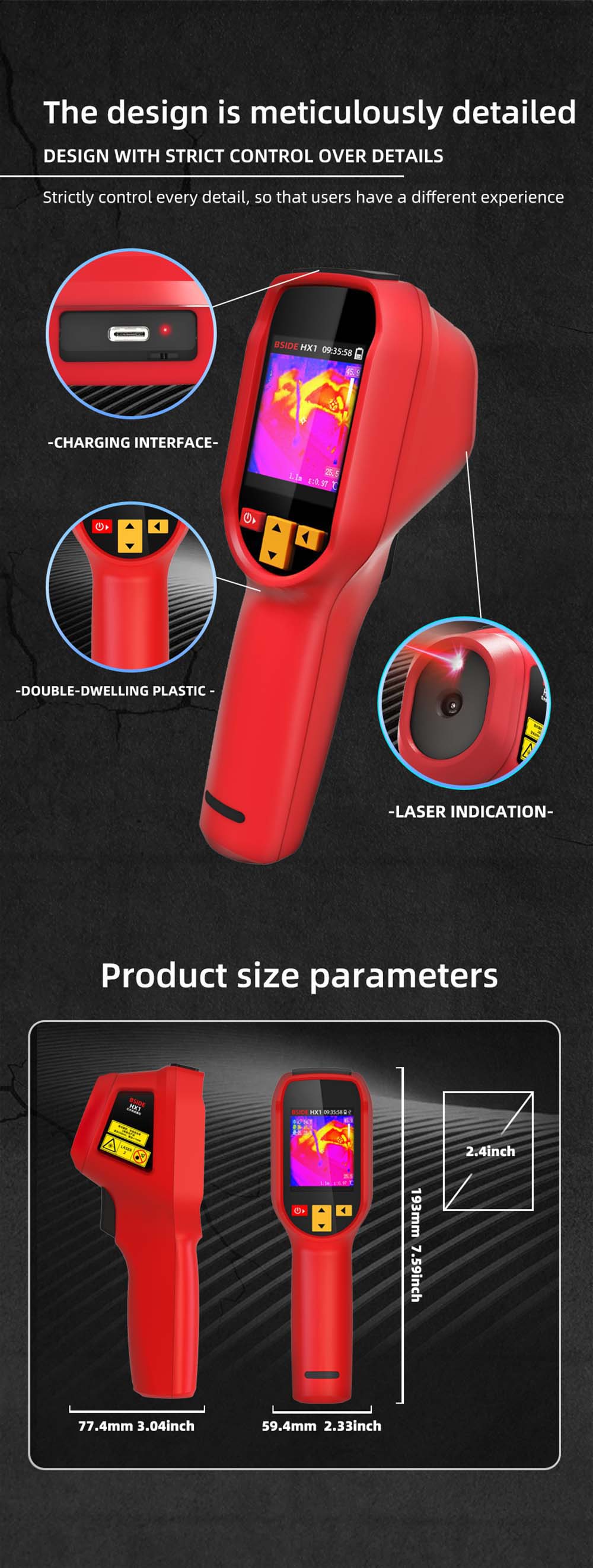 Termokamera BSIDE HX1, 240*240P, 2,4palcový LCD displej, krytí IP54