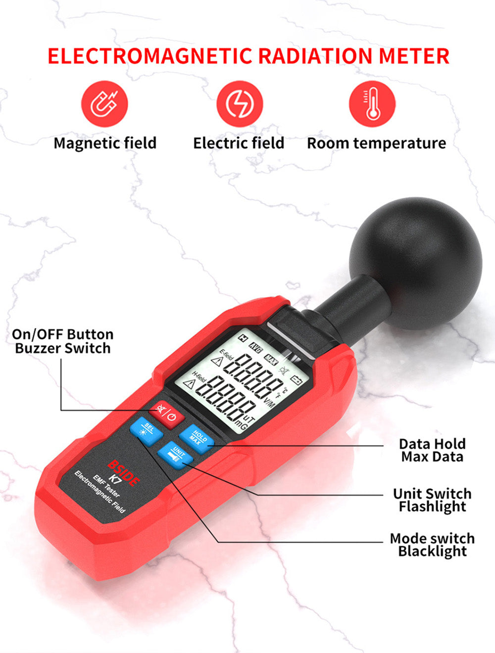 BSIDE K7 Tester elektromagnetického pole, měřič EMF, detektor radiačního signálu, automatické měření 360°, zvukový a světelný alarm, s baterkou na předávkování, LCD displej - červený, bez baterie