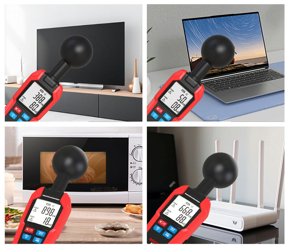 BSIDE K7 Tester elektromagnetického pole, měřič EMF, detektor radiačního signálu, automatické měření 360°, zvukový a světelný alarm, s baterkou na předávkování, LCD displej - červený, bez baterie