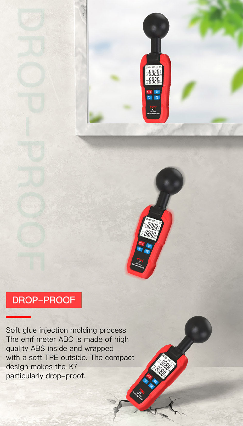 BSIDE K7 Tester elektromagnetického pole, měřič EMF, detektor radiačního signálu, automatické měření 360°, zvukový a světelný alarm, s baterkou na předávkování, LCD displej - červený, bez baterie