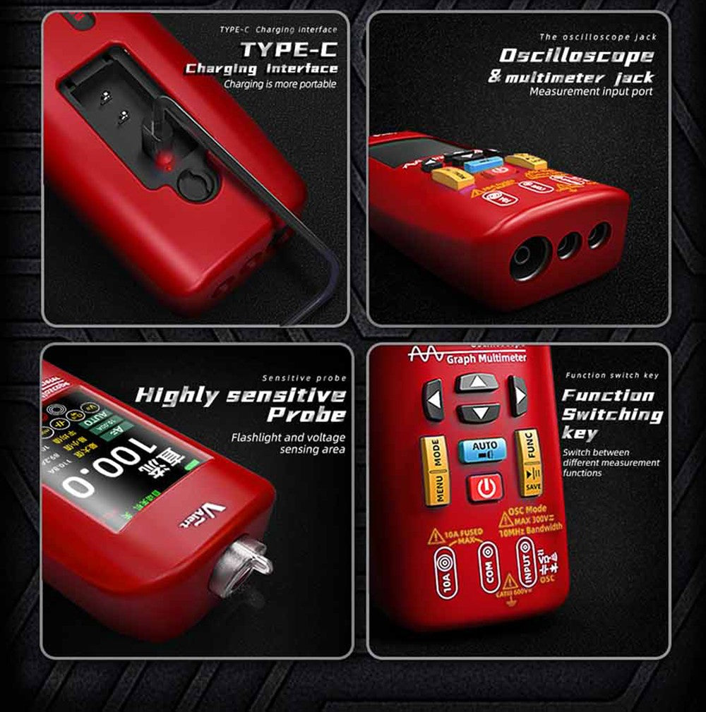 Digitální osciloskop BSIDE O1, ruční multimetr, ukládání tvarů vln, vzorkovací frekvence 48MSa/s 10MHz, profesionální tester elektronických součástek - červený