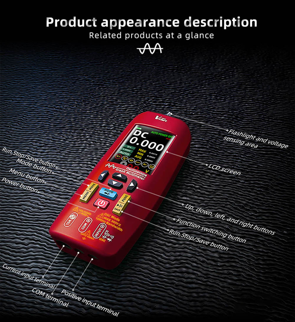 Digitální osciloskop BSIDE O1, ruční multimetr, ukládání tvarů vln, vzorkovací frekvence 48MSa/s 10MHz, profesionální tester elektronických součástek - červený