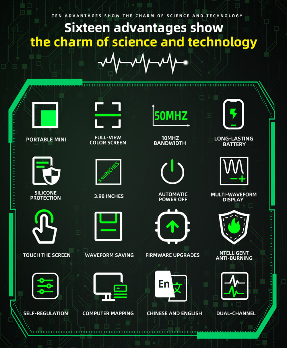 Dvoukanálový osciloskop BSIDE O2, šířka pásma 50 MHz, vzorkovací frekvence v reálném čase 250 MSa/s, 3,98palcový TFT LCD displej, 7 signálových vln
