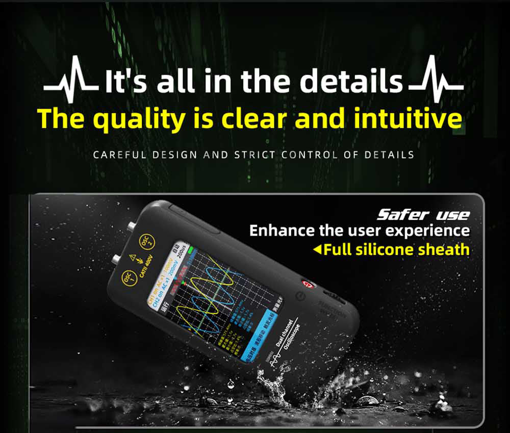 Dvoukanálový osciloskop BSIDE O2, šířka pásma 50 MHz, vzorkovací frekvence v reálném čase 250 MSa/s, 3,98palcový TFT LCD displej, 7 signálových vln