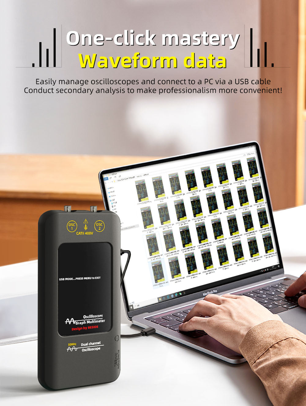 Dvoukanálový osciloskop BSIDE O2, šířka pásma 50 MHz, vzorkovací frekvence v reálném čase 250 MSa/s, 3,98palcový TFT LCD displej, 7 signálových vln