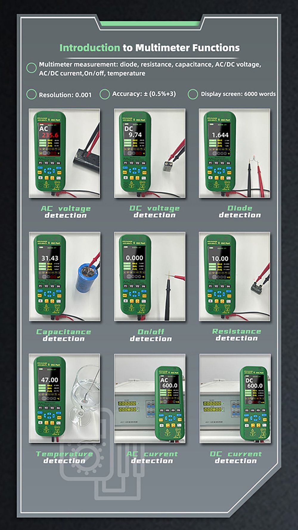 BSIDE O7 3 v 1 osciloskopový multimetr, napětí/proud/kapacita/frekvence/odpor/kontinuita/tester diod, 3,98