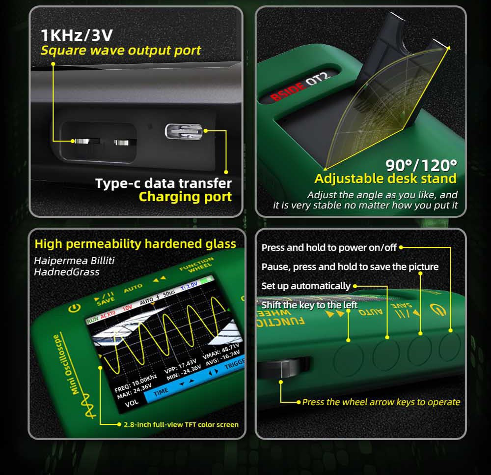 Ruční digitální osciloskop-multimetr BSIDE OT2, šířka pásma 10 MHz se vzorkovací frekvencí 48 MSa/s, 2,8palcový LCD displej