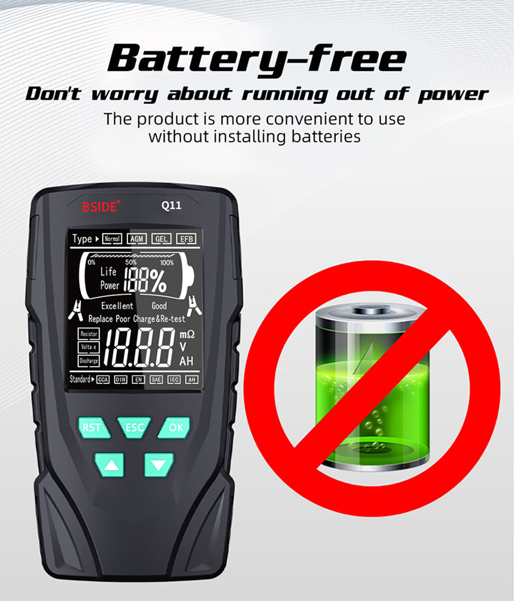 Tester autobaterií BSIDE Q11, digitální kontrolér 12V/24V, analyzátor olověných baterií CCA, profesionální automatická detekce 3Ah-200Ah, diagnostický nástroj