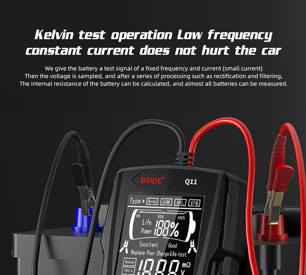 Tester autobaterií BSIDE Q11, digitální kontrolér 12V/24V, analyzátor olověných baterií CCA, profesionální automatická detekce 3Ah-200Ah, diagnostický nástroj