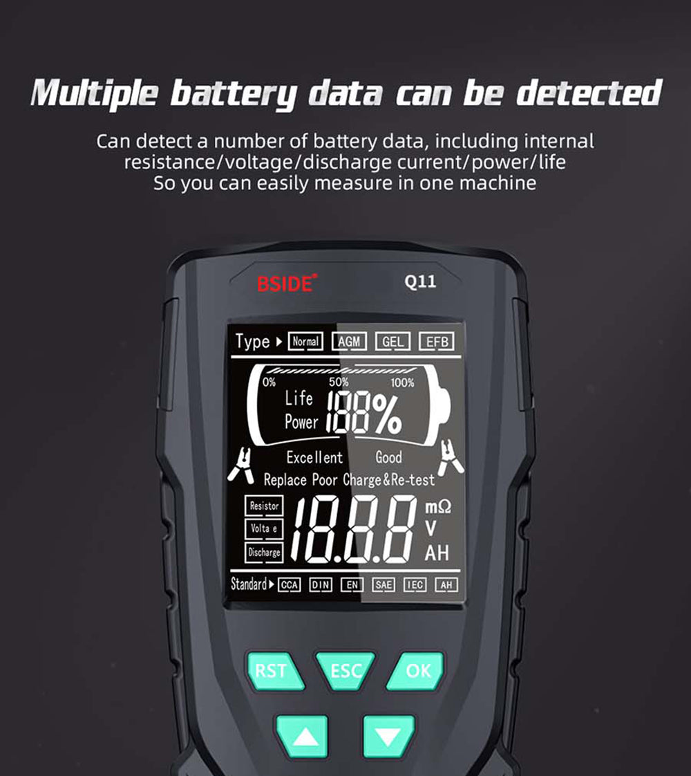 Tester autobaterií BSIDE Q11, digitální kontrolér 12V/24V, analyzátor olověných baterií CCA, profesionální automatická detekce 3Ah-200Ah, diagnostický nástroj