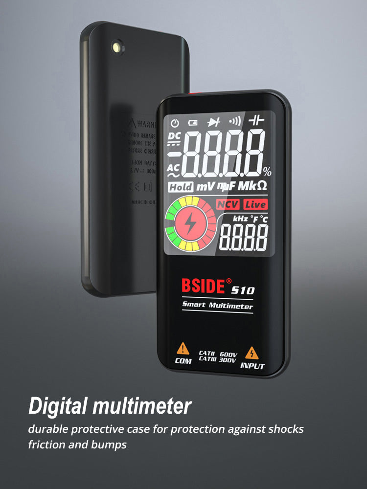 BSIDE S10 Inteligentní digitální multimetr, 3,5" barevný LCD displej, 9999 číslic, tester DC/AC napětí, kondenzátorů, ohmů, diod, černý - bez baterie
