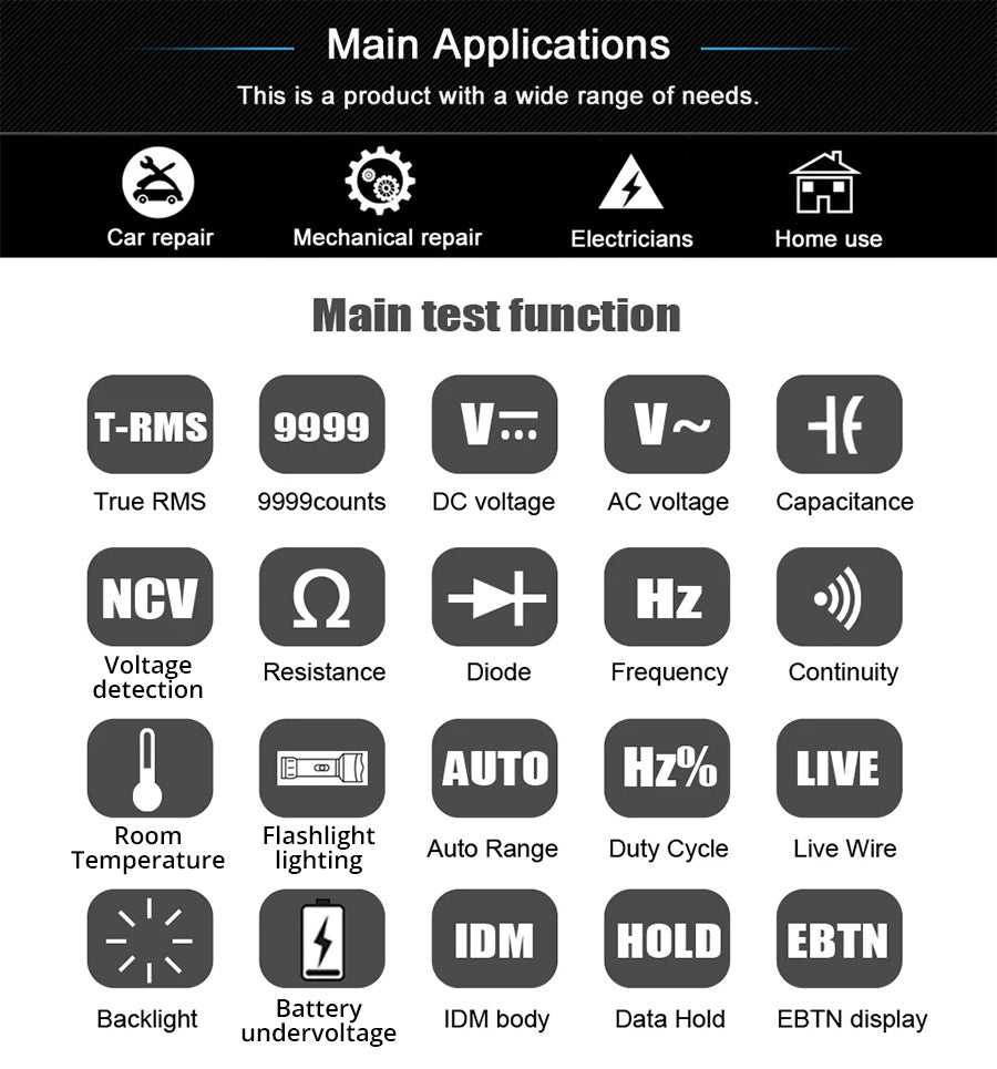 BSIDE S10 Inteligentní digitální multimetr, 3,5" barevný LCD displej, 9999 číslic, DC/AC napětí, tester ohmů, kondenzátorů, diod, černý - bez baterie
