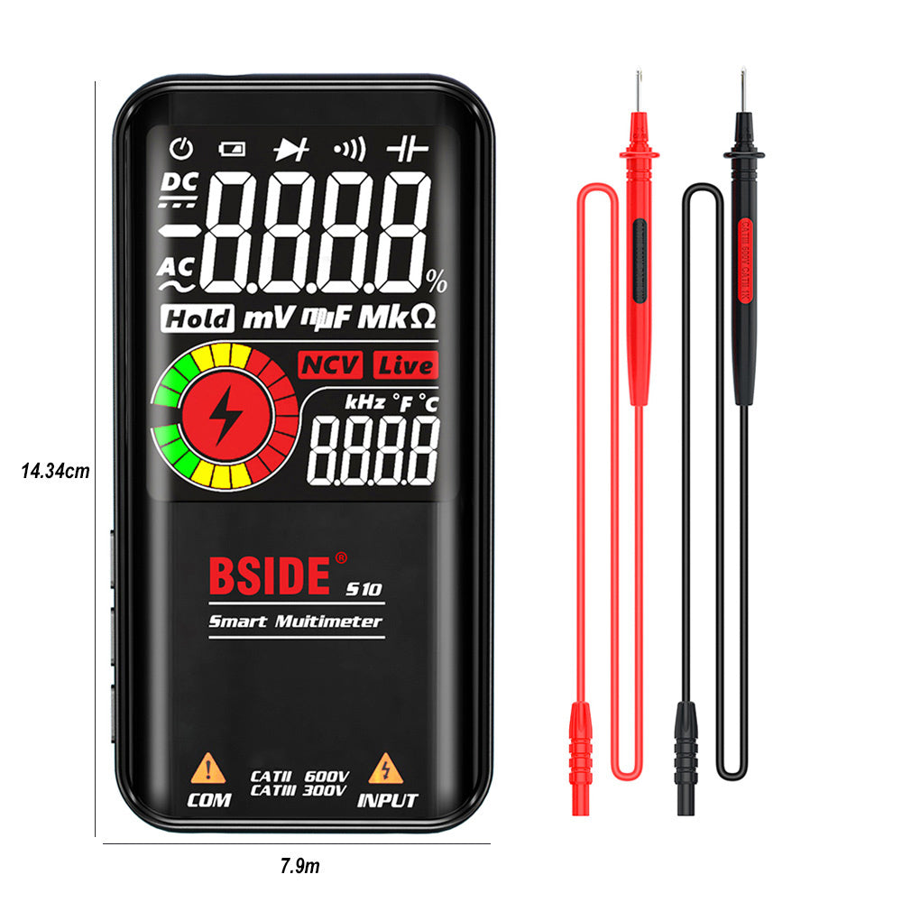 BSIDE S10 Inteligentní digitální multimetr, 3,5" barevný LCD displej, 9999 číslic, tester DC/AC napětí, kondenzátorů, ohmů, diod, černý - bez baterie