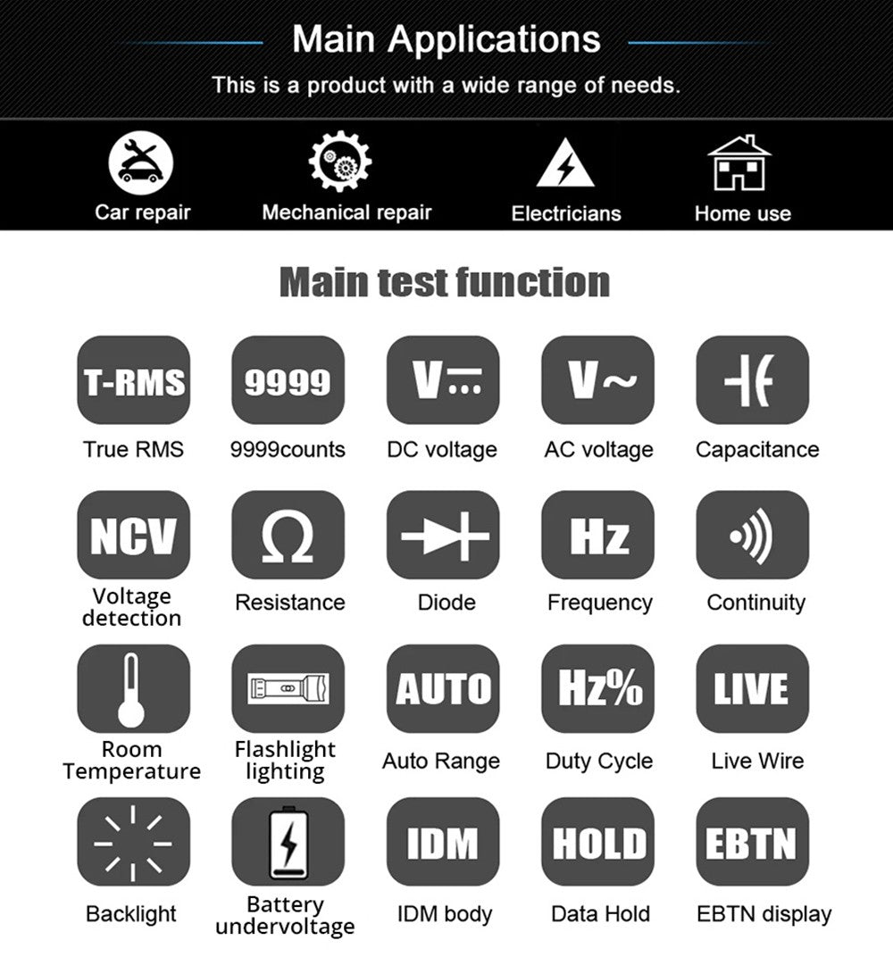 Digitální multimetr BSIDE S11, chytrý tester pro elektrikáře, nabíjení přes USB, barevný displej EBTN, T-RMS 9999 číslic, tester napětí DC/AC, kondenzátorů, ohmů, diod, černý - s baterií
