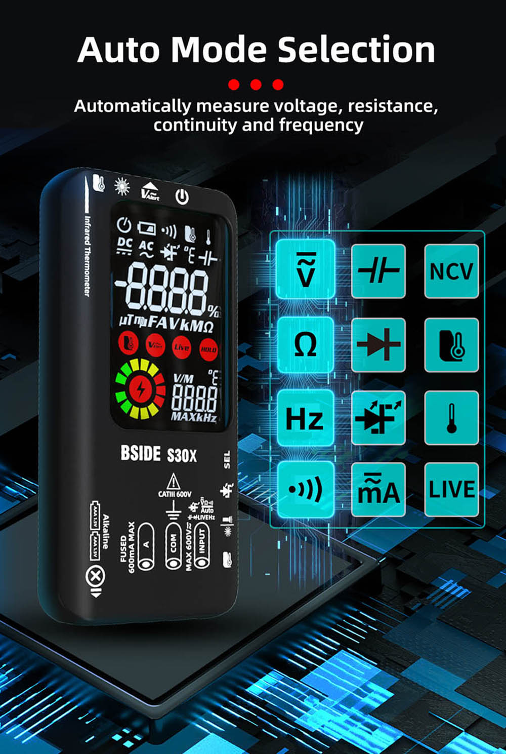 Digitální multimetr BSIDE S30, infračervený teploměr, True RMS 9999 měřených hodnot, DC AC napětí a proud 15V, dioda, kondenzátor, dobíjecí tester Ohm NCV - černý