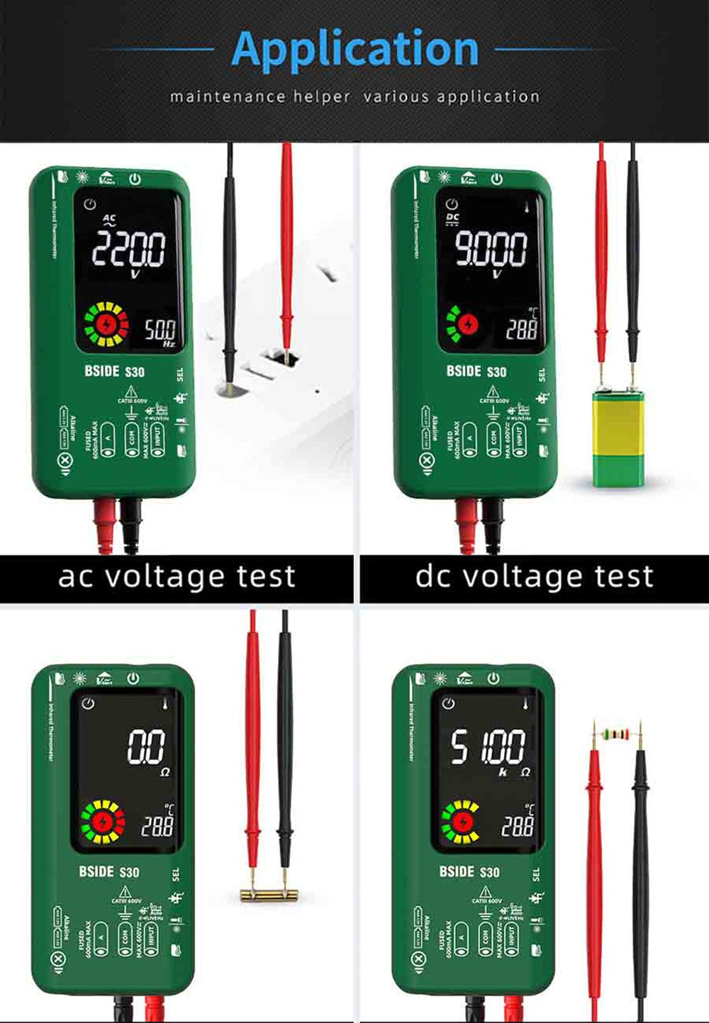Digitální multimetr BSIDE S30, infračervený teploměr, True RMS 9999 měřených hodnot, DC AC napětí a proud 15V, dioda, kondenzátor, dobíjecí tester Ohm NCV - černý