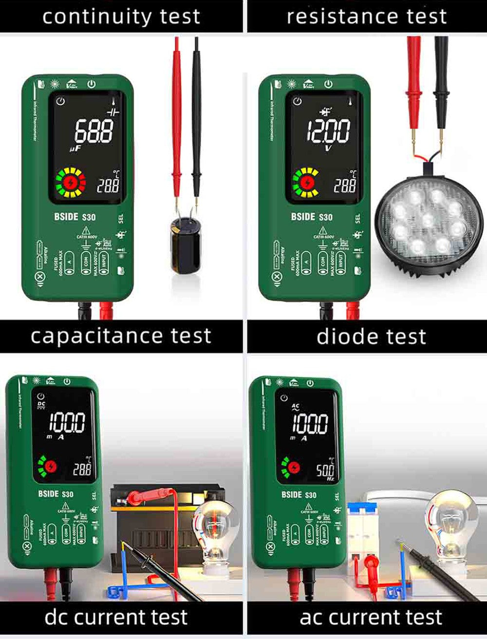 Digitální multimetr BSIDE S30, infračervený teploměr, True RMS 9999 měřených hodnot, DC AC napětí a proud 15V, dioda, kondenzátor, dobíjecí tester Ohm NCV - černý