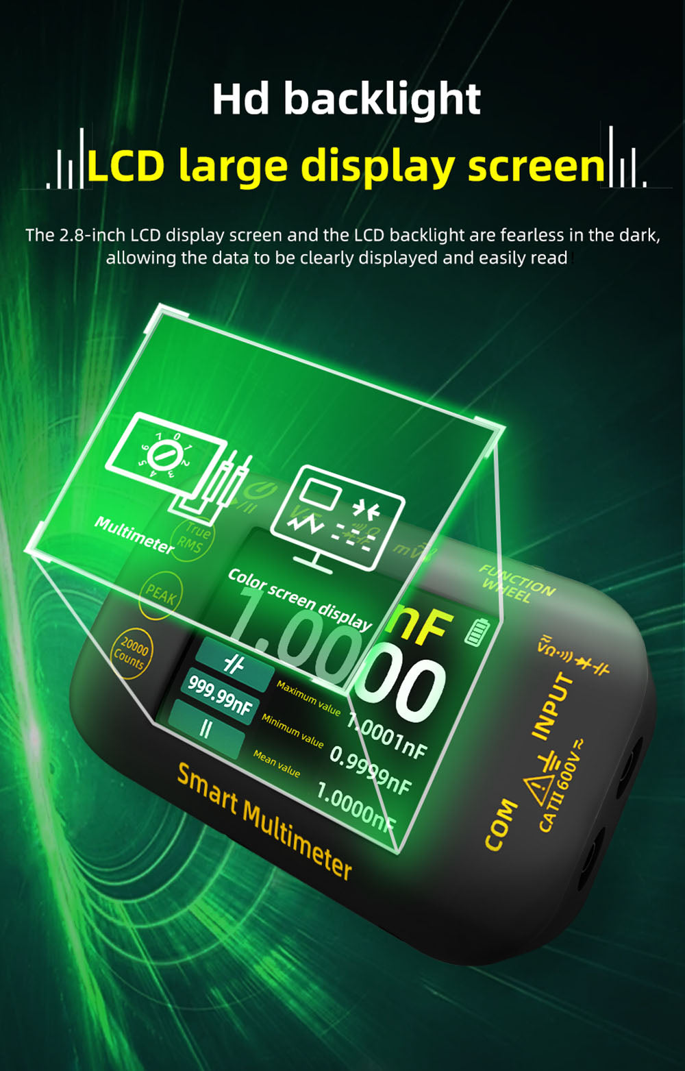 Digitální fotovoltaický multimetr BSIDE S40, 2,8palcový barevný HD displej, vysoká přesnost, vysoké napětí 1000 V, elektrická údržba