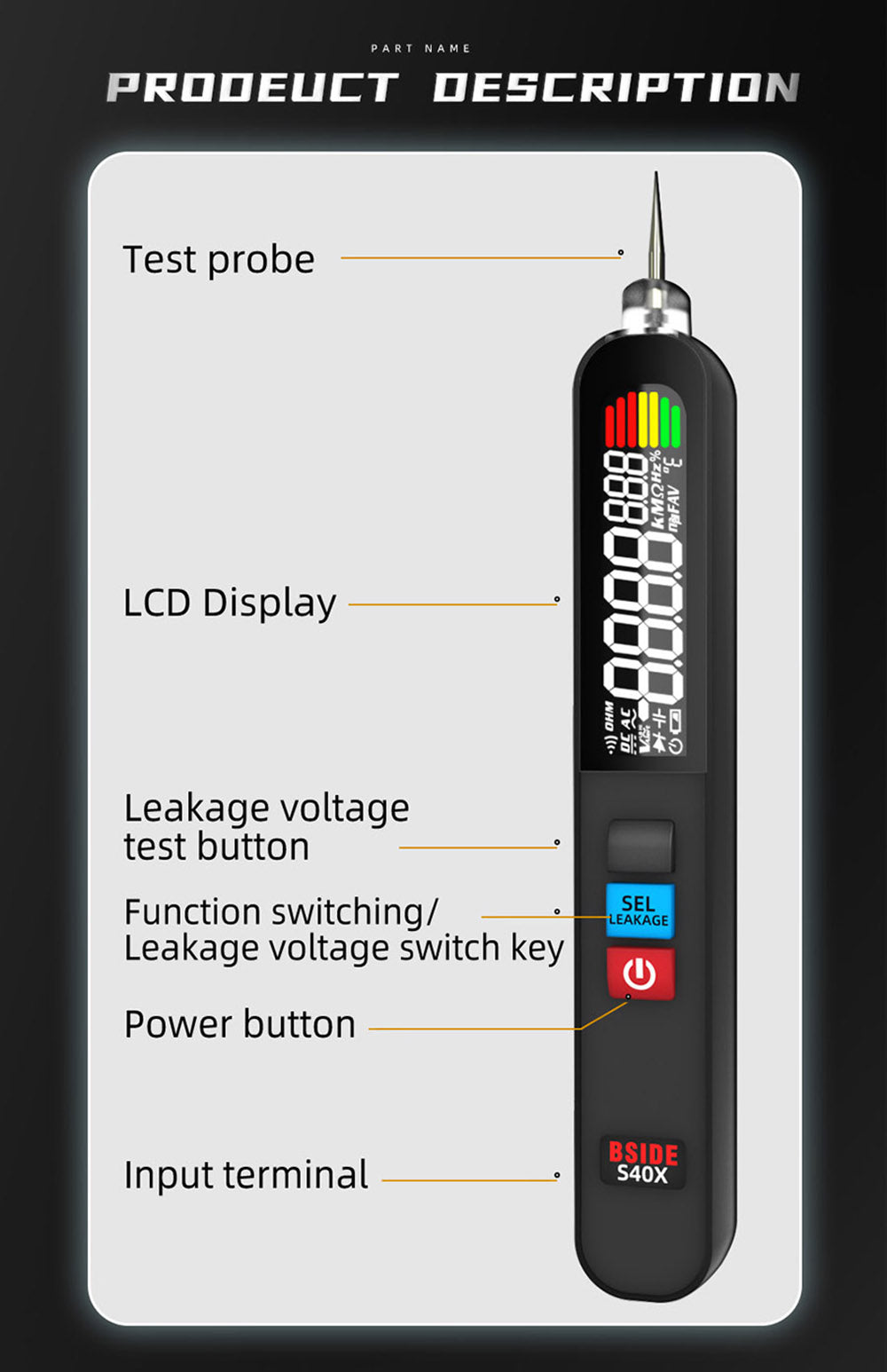 Digitální multimetr BSIDE S40X, tester únikového napětí, test diodového odporu a kapacity AC/DC, LCD displej, vyhledávání bodů zlomu, vysoká přesnost, plně inteligentní, nabíjení přes USB