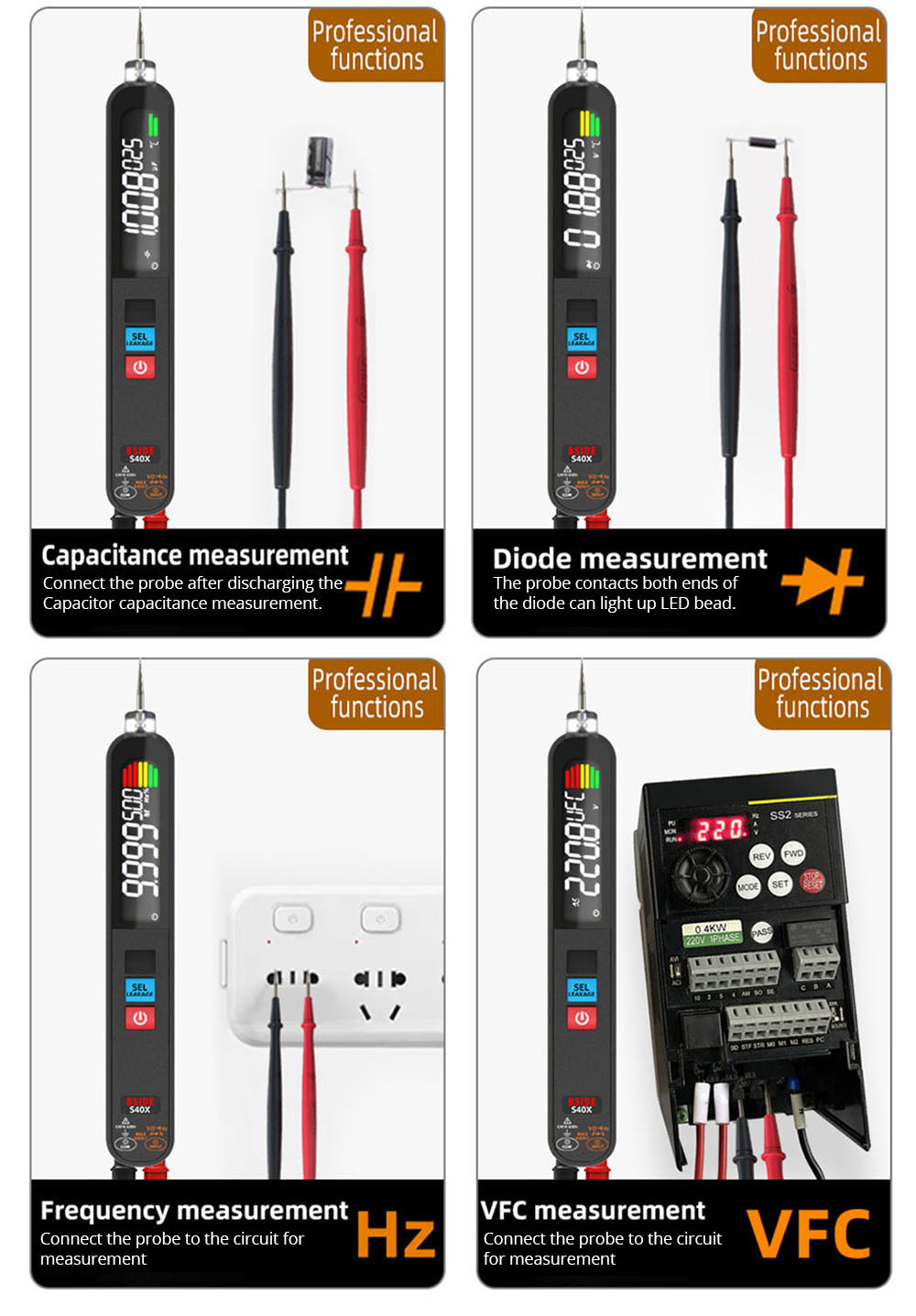 Digitální multimetr BSIDE S40X, tester únikového napětí, test diodového odporu a kapacity AC/DC, LCD displej, vyhledávání bodů zlomu, vysoká přesnost, plně inteligentní, nabíjení přes USB