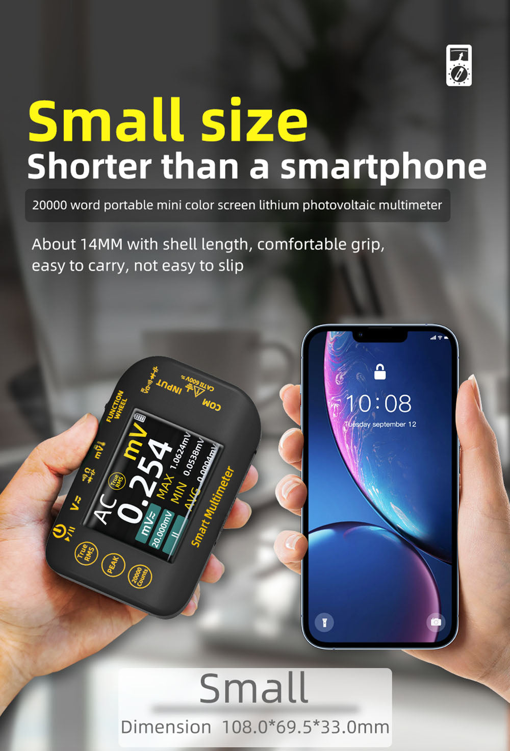 Digitální multimetr BSIDE S450, 20000 číslic, 1000 V, 2,8palcový LCD displej, grafický záznam, nabíjecí port typu C, měřič vrcholů fotovoltaického napětí v milivoltech AC