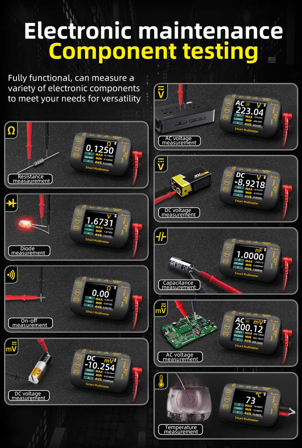 Digitální multimetr BSIDE S450, 20000 číslic, 1000 V, 2,8palcový LCD displej, grafický záznam, nabíjecí port typu C, měřič vrcholů fotovoltaického napětí v milivoltech AC