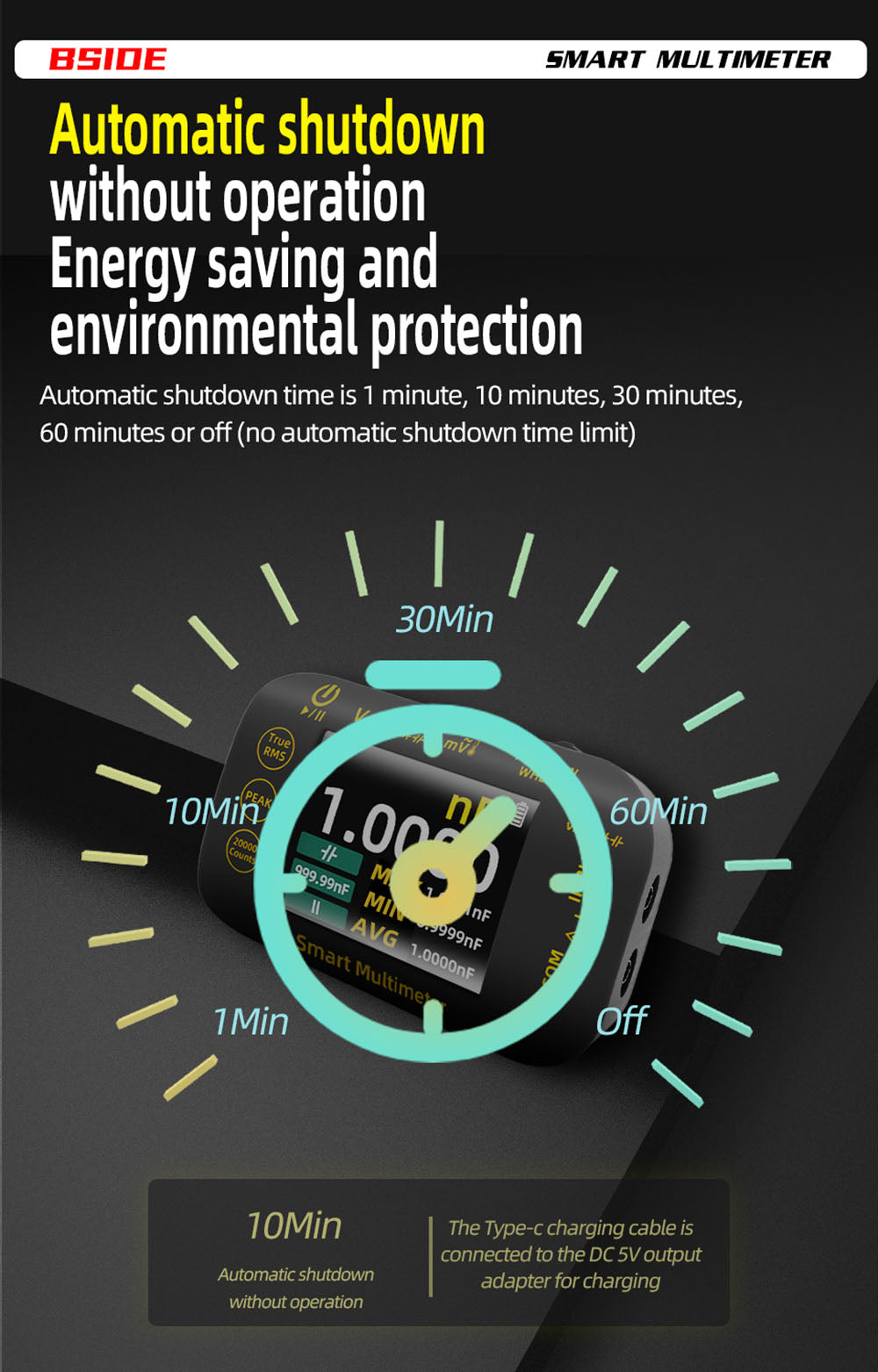 Digitální multimetr BSIDE S450, 20000 číslic, 1000 V, 2,8palcový LCD displej, grafický záznam, nabíjecí port typu C, měřič vrcholů fotovoltaického napětí v milivoltech AC