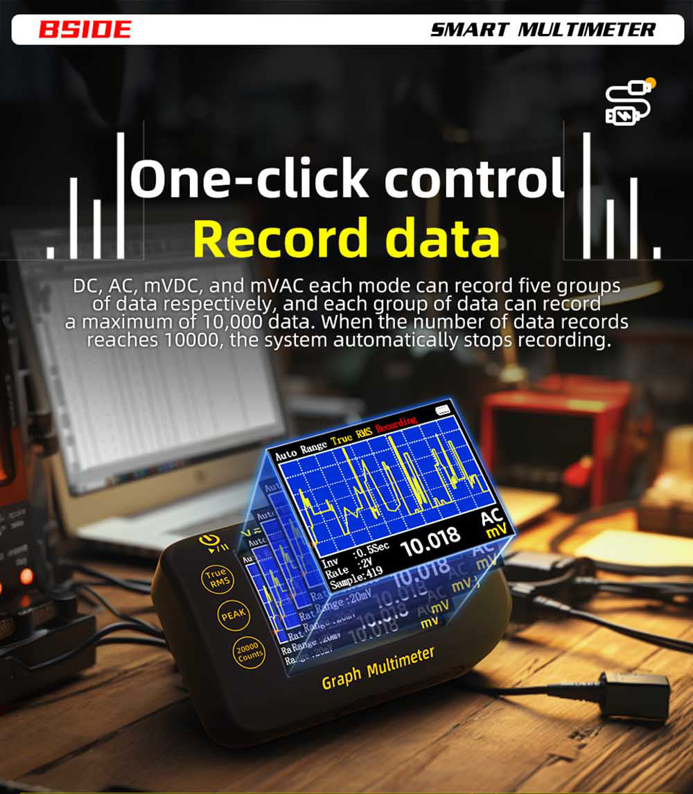 Digitální multimetr BSIDE S450, 20000 číslic, 1000 V, 2,8palcový LCD displej, grafický záznam, nabíjecí port typu C, měřič vrcholů fotovoltaického napětí v milivoltech AC