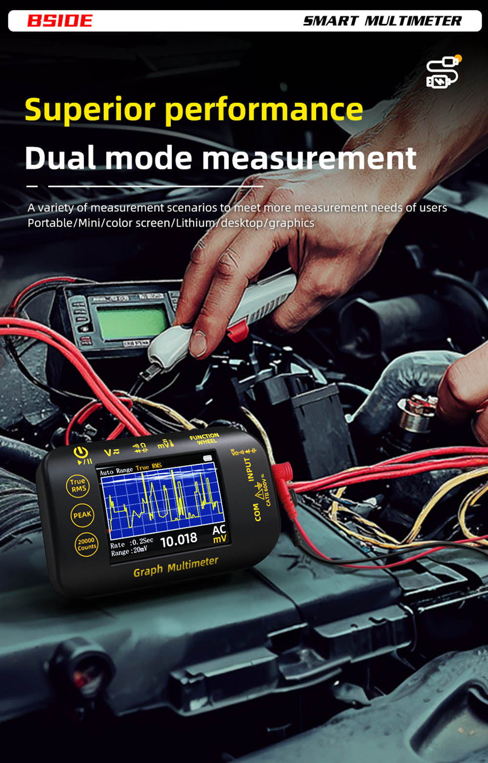 Digitální multimetr BSIDE S450, 20000 číslic, 1000 V, 2,8palcový LCD displej, grafický záznam, nabíjecí port typu C, měřič vrcholů fotovoltaického napětí v milivoltech AC