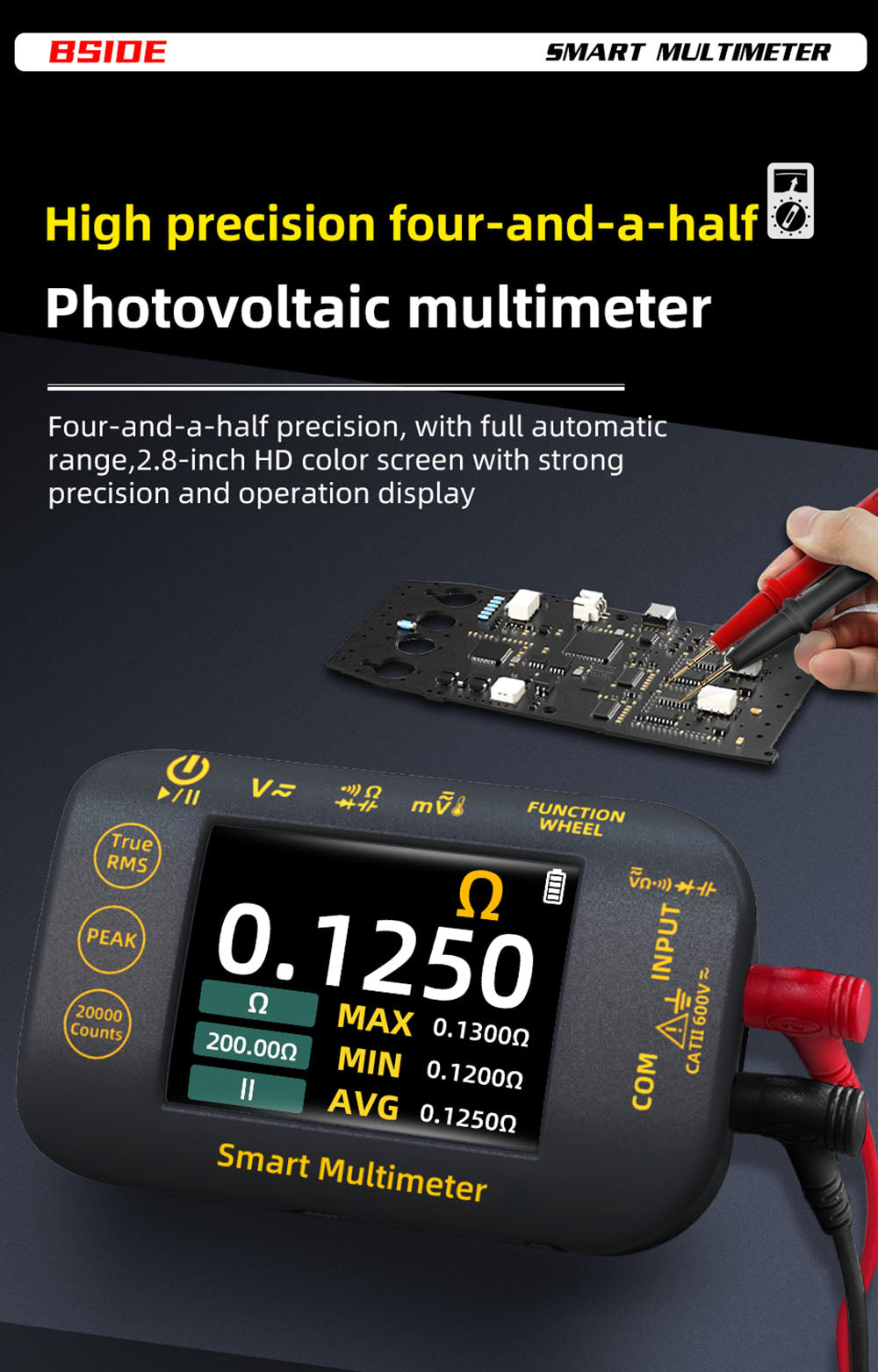 Digitální multimetr BSIDE S450, 20000 číslic, 1000 V, 2,8palcový LCD displej, grafický záznam, nabíjecí port typu C, měřič vrcholů fotovoltaického napětí v milivoltech AC