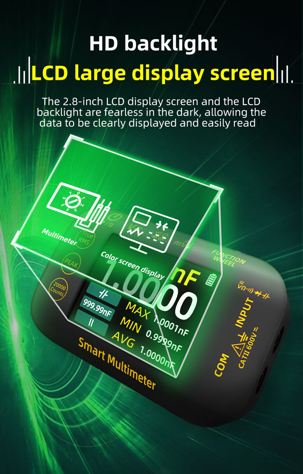 Digitální multimetr BSIDE S450, 20000 číslic, 1000 V, 2,8palcový LCD displej, grafický záznam, nabíjecí port typu C, měřič vrcholů fotovoltaického napětí v milivoltech AC