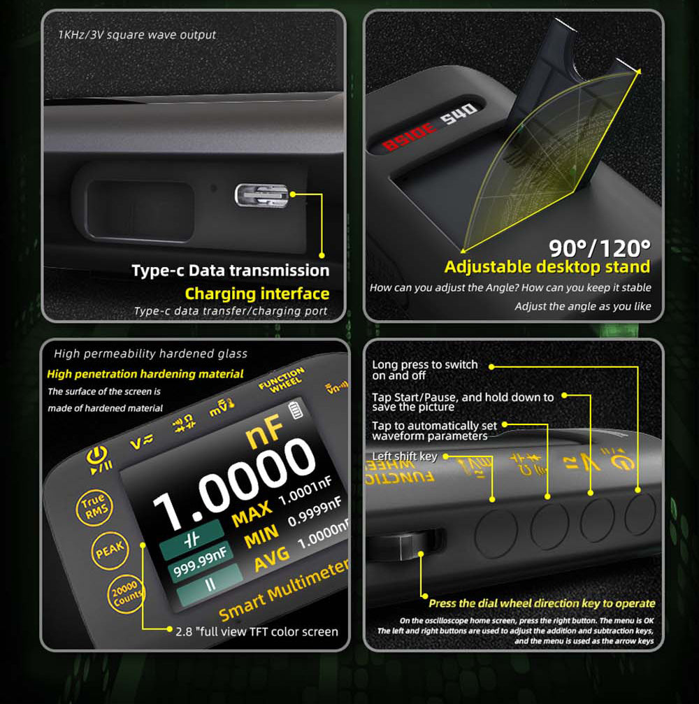 Digitální multimetr BSIDE S450, 20000 číslic, 1000 V, 2,8palcový LCD displej, grafický záznam, nabíjecí port typu C, měřič vrcholů fotovoltaického napětí v milivoltech AC