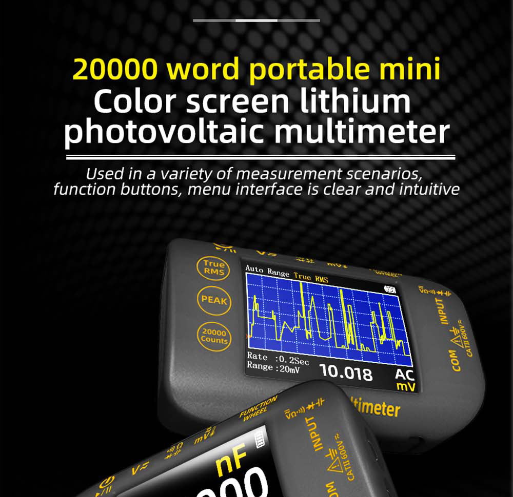 Digitální multimetr BSIDE S450, 20000 číslic, 1000 V, 2,8palcový LCD displej, grafický záznam, nabíjecí port typu C, měřič vrcholů fotovoltaického napětí v milivoltech AC
