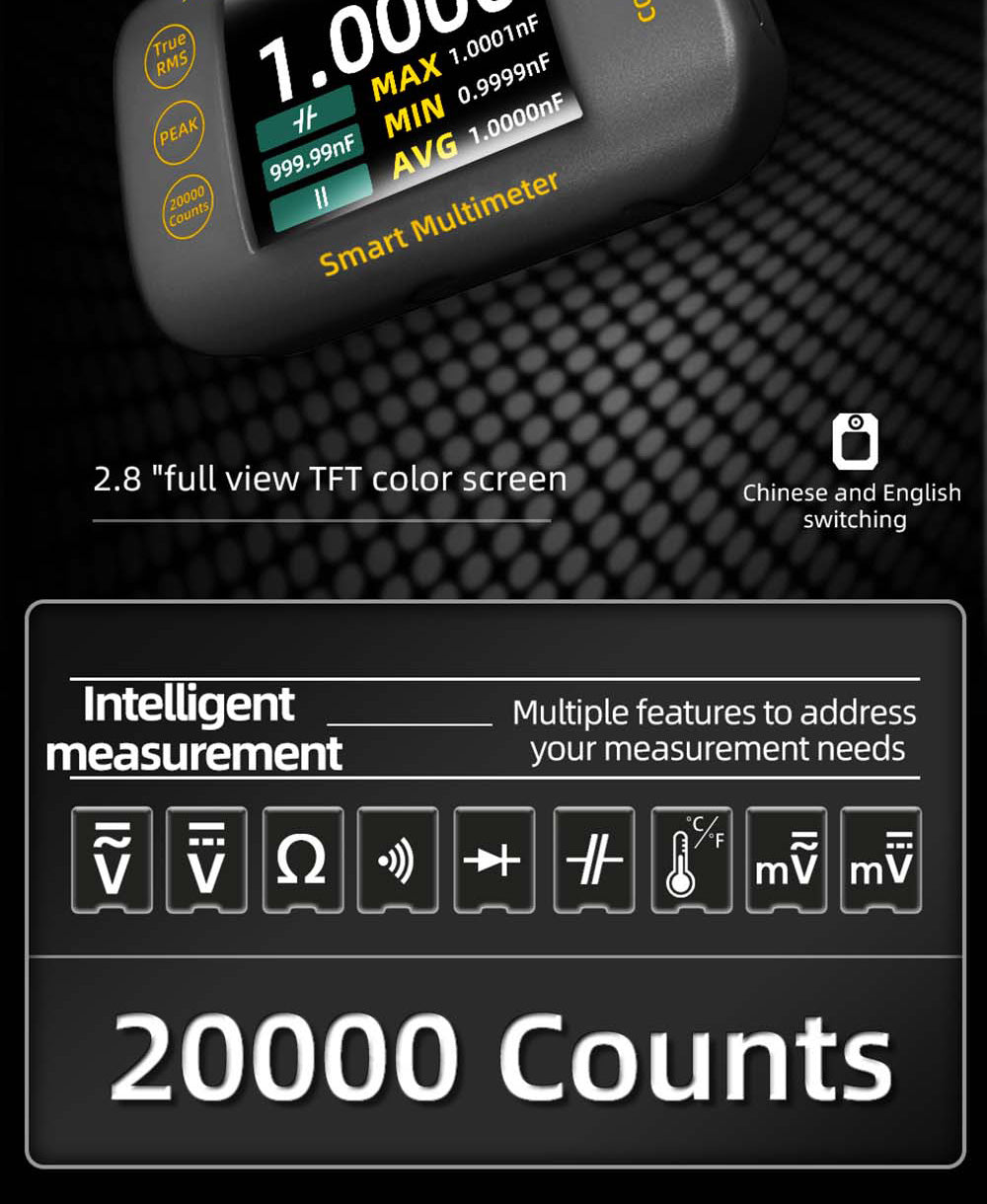 Digitální multimetr BSIDE S450, 20000 číslic, 1000 V, 2,8palcový LCD displej, grafický záznam, nabíjecí port typu C, měřič vrcholů fotovoltaického napětí v milivoltech AC